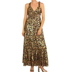 Sezane Graziella Metallic Gold Botanical Print Maxi Dress Size EU 46 / US 14 NWT